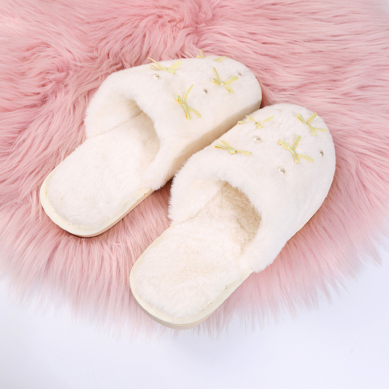 Flat Bottom Warm Bow Pearl Hairy Slippers NSKJX104853