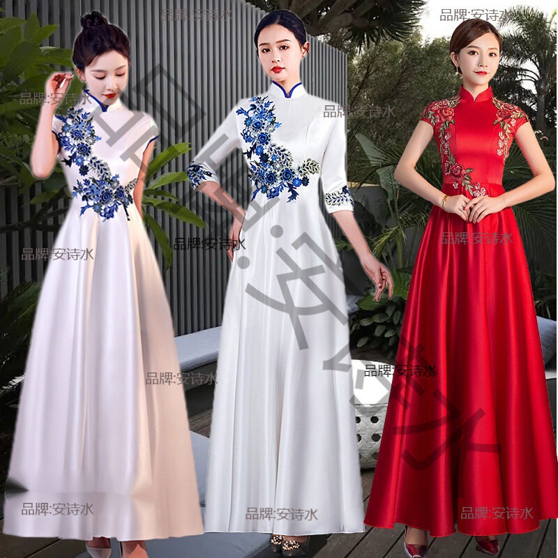 Etiquette Reception Clothing Etiquette Cheongsam Clothing Lady Gold Store Event Style Blue and White Award Dress Hotel Reception Etiquette Reception Clothing Etiquette Cheongsam Clothing Lady Gold Store Event Style Blue and White Award Dress Hotel Reception