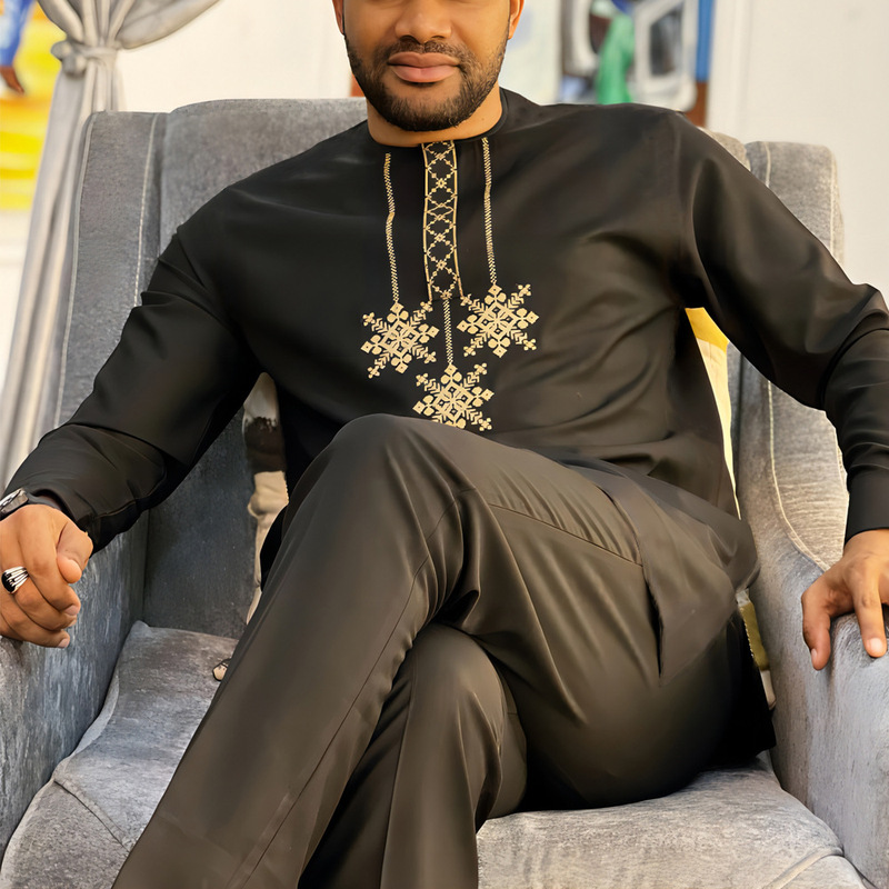 2024 New African Ethnic Style Men's Embroidered Shirt and Solid Color Drawstring Pants 2-Piece Suit Set 2024 New African Ethnic Style Men's Embroidered Shirt and Solid Color Drawstring Pants 2-Piece Suit Set