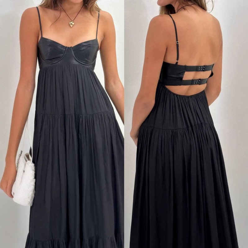 European and American Cross-Border Aliexpress Women's Clothing Export 2025 Summer New Sexy Backless Suspender Leather Splicing Dress