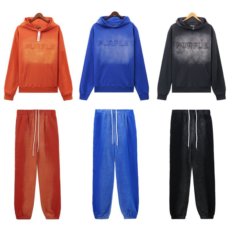 Real Shot of Purple Brand Washed and Distressed Silhouette Loose Hoodie Machine Embroidered Logo Hooded Sweatshirt Suit Real Shot of Purple Brand Washed and Distressed Silhouette Loose Hoodie Machine Embroidered Logo Hooded Sweatshirt Suit