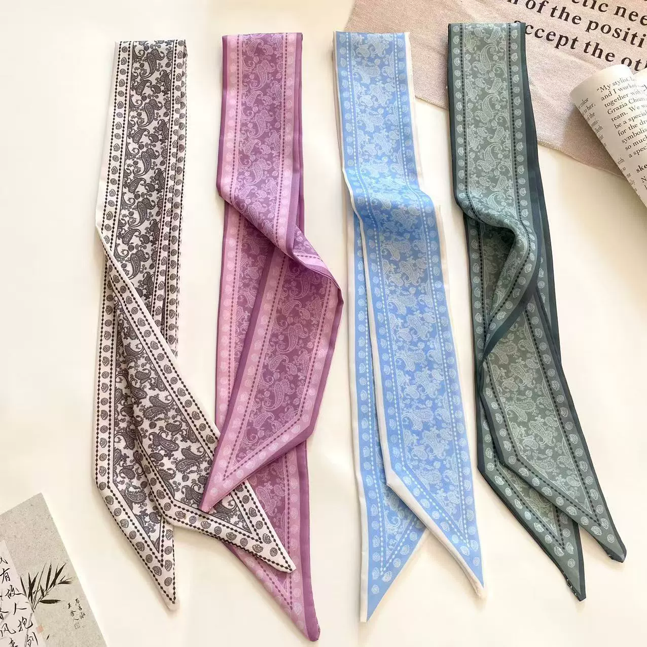 Французский шелковый шарф в стиле ретро с цветочным принтом, новый универсальный шарф для шеи, украшение для ручки сумки, элегантная резинка для волос, ленточный аксессуар.