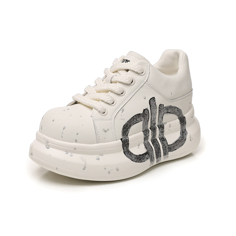 Giày sneaker nữ đế dày tăng chiều cao phong cách graffiti trắng hồng — Trắng hồng