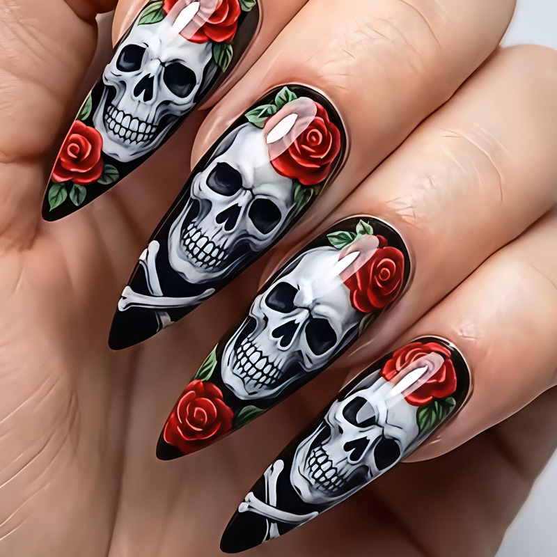 Halloween Nail Stickers in Red Tones, Fake Nail Patches with Scary Skull and Flower Designs, Wearable Nails, Popular in Europe and America Halloween Nail Stickers in Red Tones, Fake Nail Patches with Scary Skull and Flower Designs, Wearable Nails, Popular in Europe and America