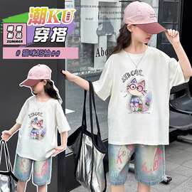 夏装纯棉宽松休闲白色女童短袖T恤儿童百搭卡通小女孩洋气上衣服
