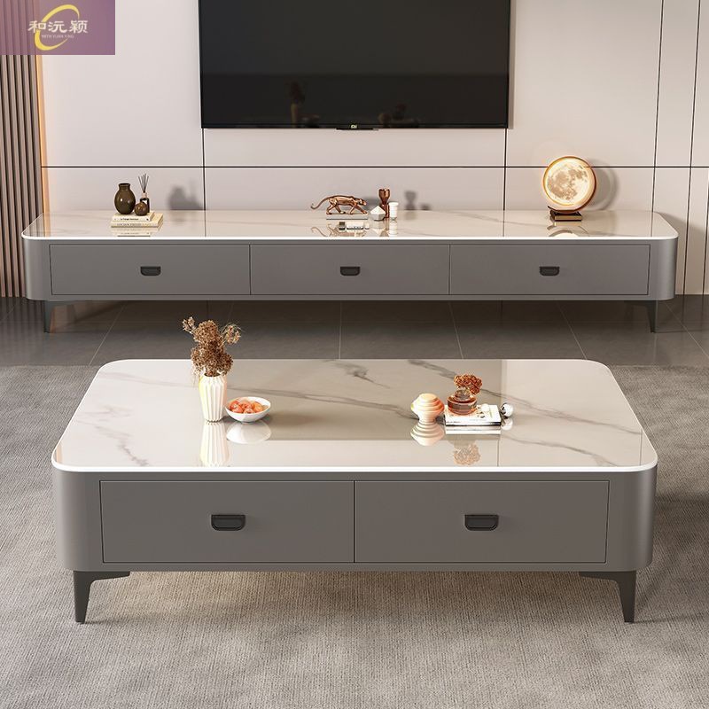 Home Living Room Coffee Table Tv Cabinet Combination Modern Simple Light Luxury Glass Tea Table Nordic Complete Set of Tv Cabinet Coffee Table