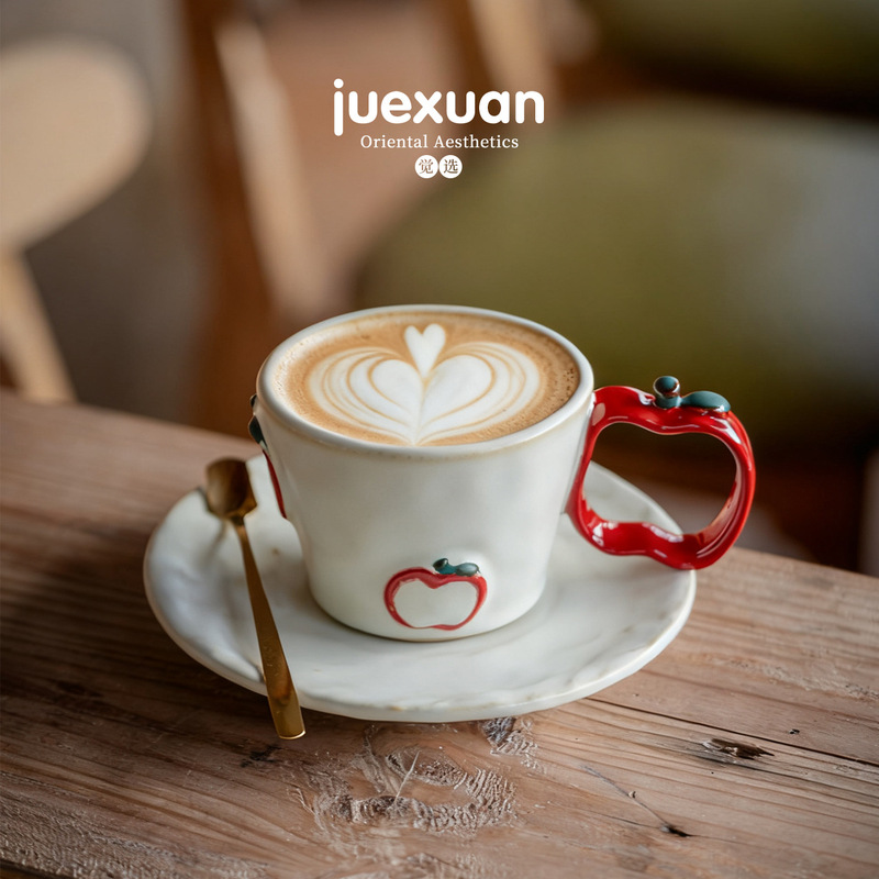 Cream White Apple Joy Coffee Cup and Saucer Home Ceramic Latte American Latte Art Cup and Saucer Set as a Gift for Friends