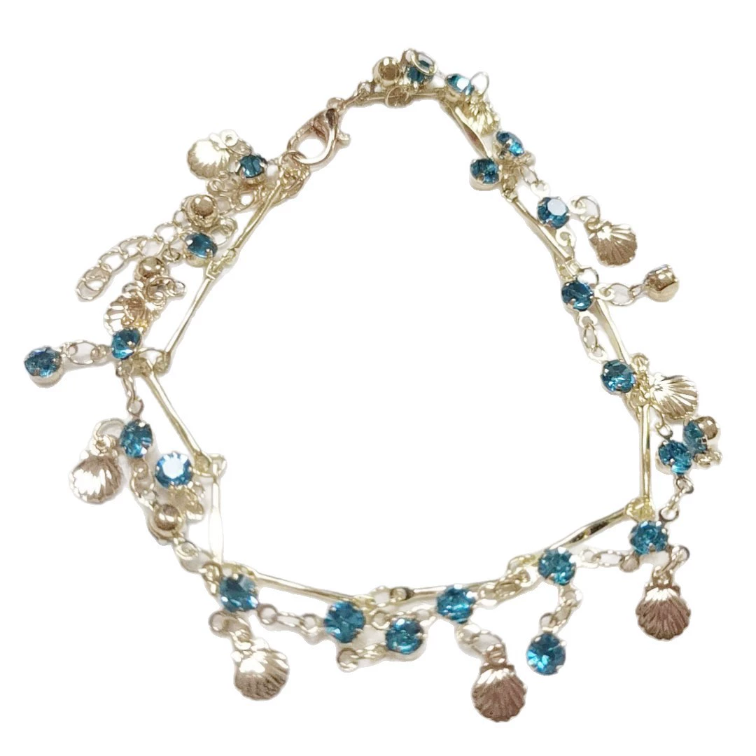Anklet (Blue Love) double-layer shell, seaside vacation style, delicate 10 cm chain