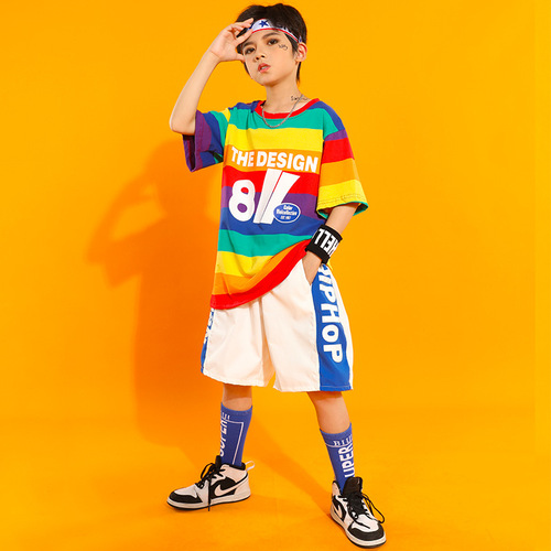 Children's street dance clothing, summer boys' hip-hop suits, short-sleeved girls' jazz dance practice clothes, kindergarten performance clothes