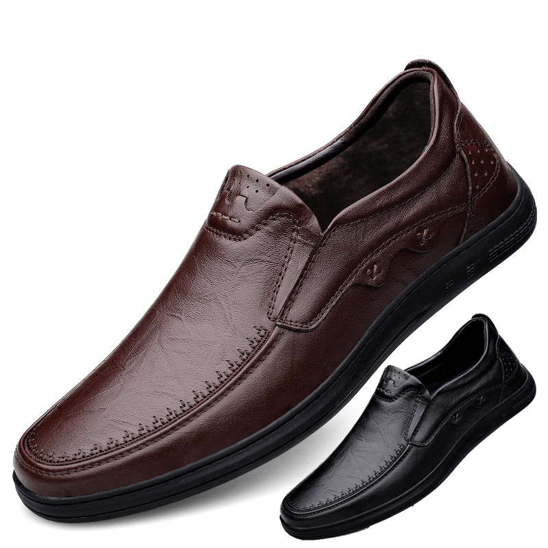 Men's Leather Shoes Men's Head Layer Cowhide Breathable Business Dress Casual Shoes British Round-toed Shallow-top fleece-lined Men's Shoes