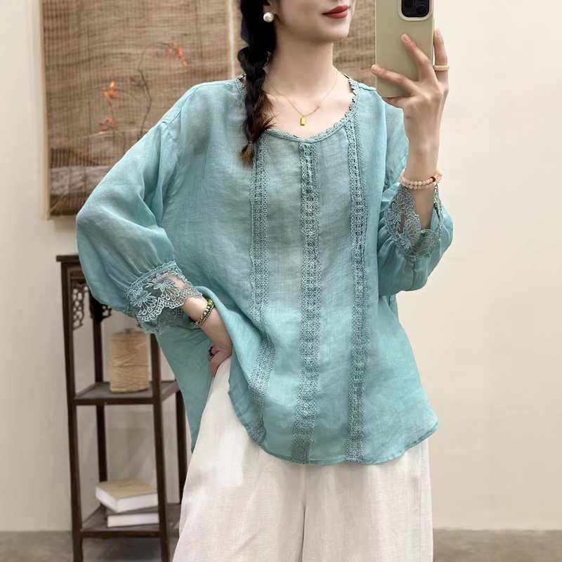 2026 Summer New Style Artistic Embroidered Ramie Shirt for Women, Retro Loose Large Size Round Neck Lace Pullover Blouse 2026 Summer New Style Artistic Embroidered Ramie Shirt for Women, Retro Loose Large Size Round Neck Lace Pullover Blouse