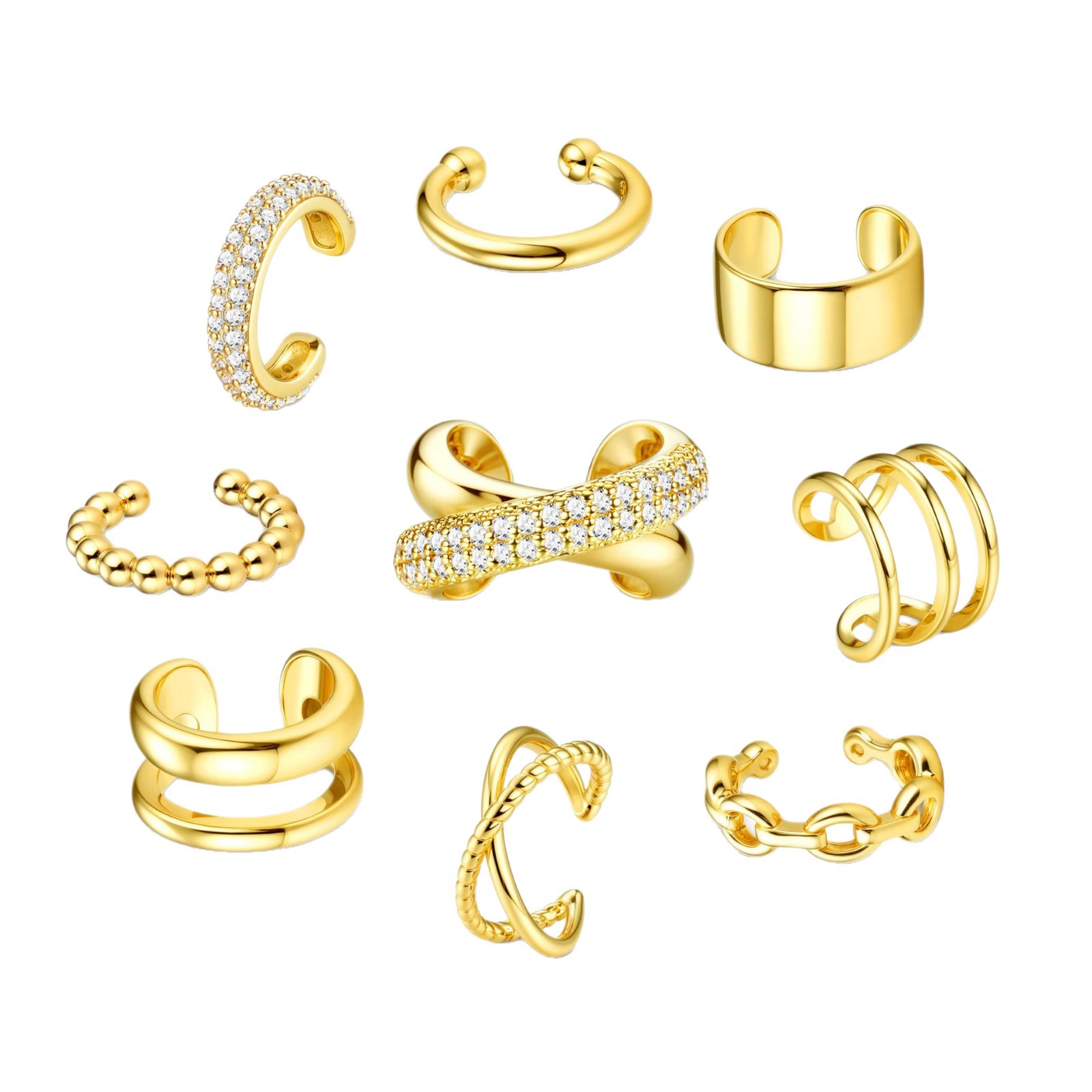 Set di orecchini da donna in ottone con zirconi, composto da clip e cerchi, placcati in oro autentico e dal design geometrico unico, perfetti per feste e matrimoni._voghion.com