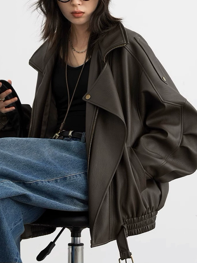 Retro polyurethane jacket, autumn, oversized fit, elastic hem, brown & black