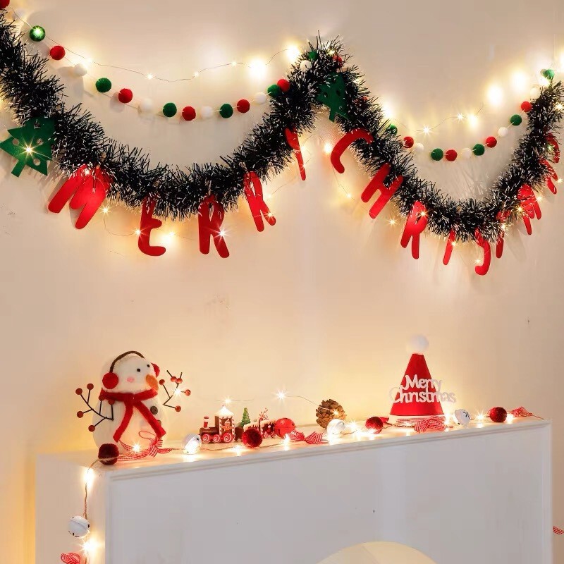 Christmas Atmosphere Decoration Props, Tinsel Flags, Christmas Gold Balls, Snowflake Hanging Ornaments with Lights, Christmas Scene Setup