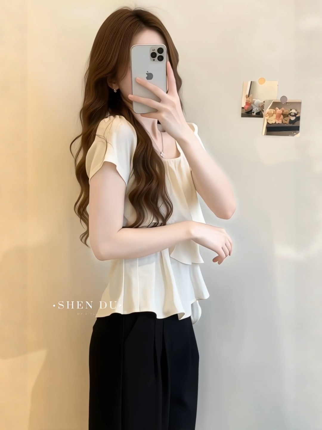 Áo sơ mi nữ cổ vuông tay ngắn, dáng rộng viền lá sen, phối dây rút — màu tím