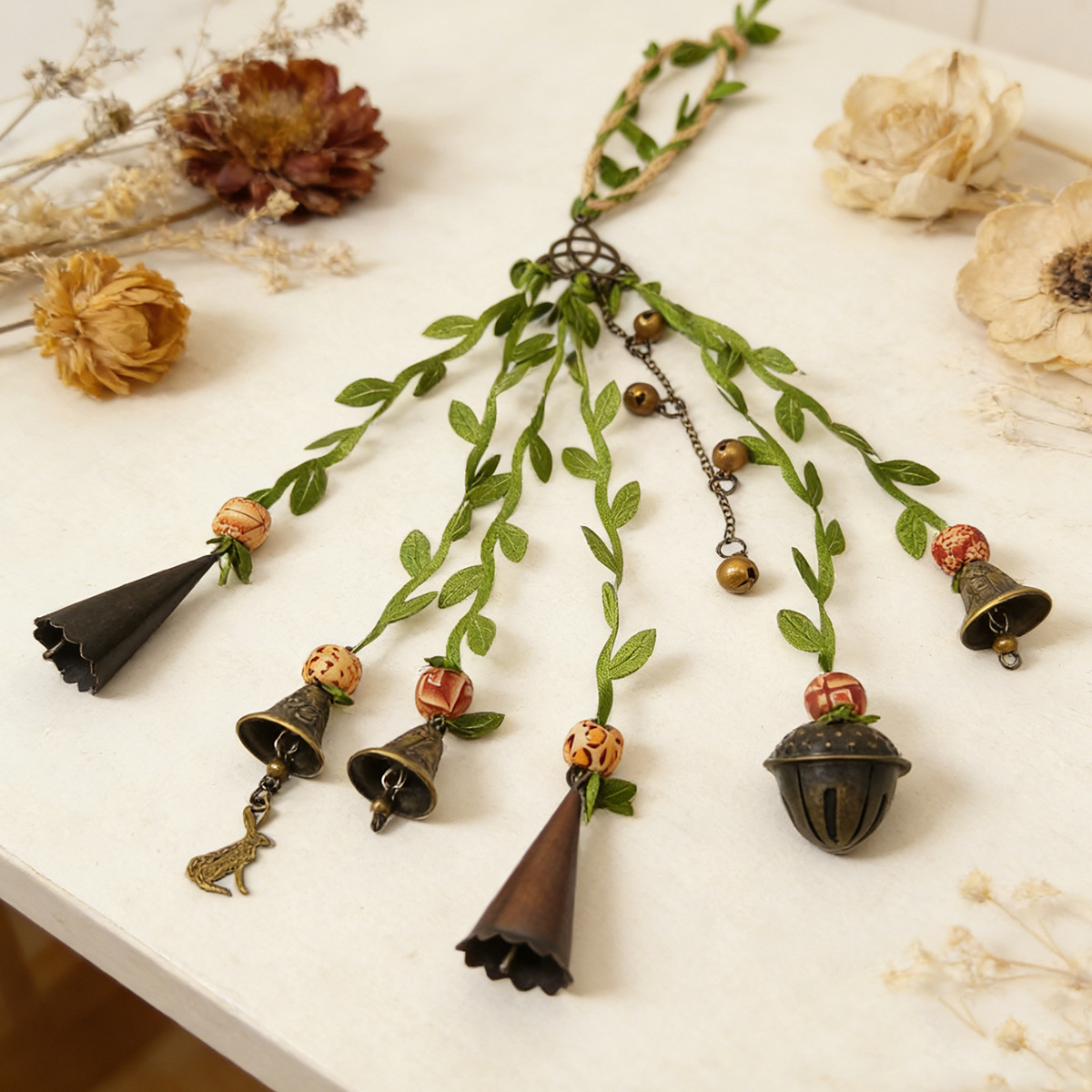 New Vintage-Style Home Garden Door Handle Hanging Decoration with Artificial Green Leaves, Acorns, and Handmade Witch Bells