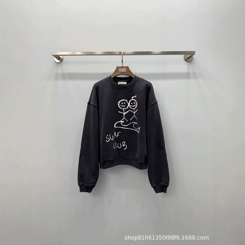 Hand-stitched, matchstick-style, surfing-themed, sesame gray sweatshirt, 2026 autumn new collection, niche design, hand-painted print, simple top