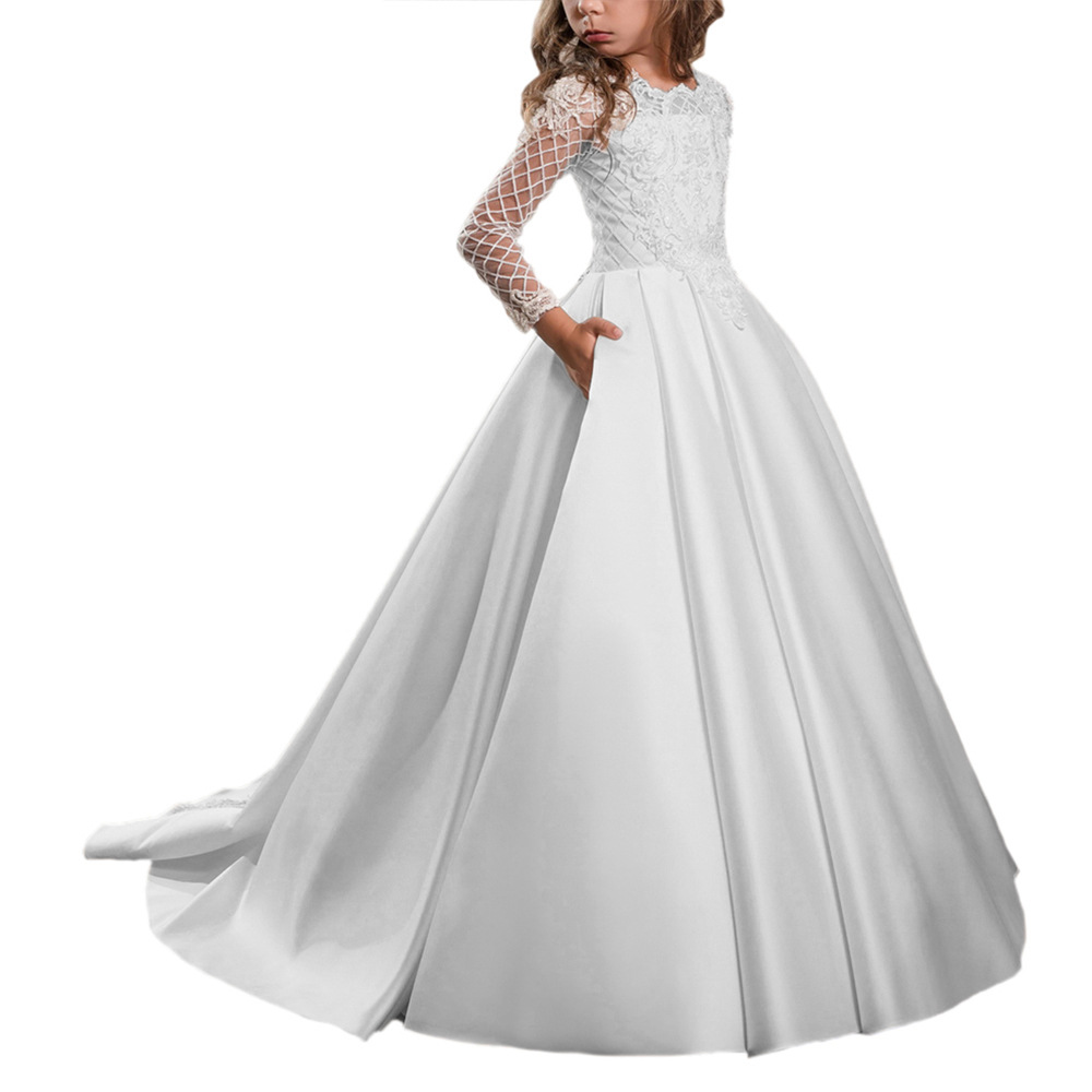 Comercio exterior Vestido de niños europeos y americanos vestido de niña de flores para niños Satén de encaje de manga larga rendimiento pasarela vestido esponjoso de niña