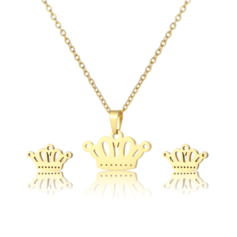 fashion simple crown pendant stainless steel necklace earrings set