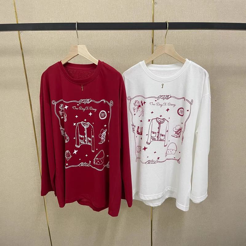 Early Spring New Style Round Neck Pullover Loose Versatile Fun Pattern Print Gold Key Long-Sleeve Women's T-Shirt Top