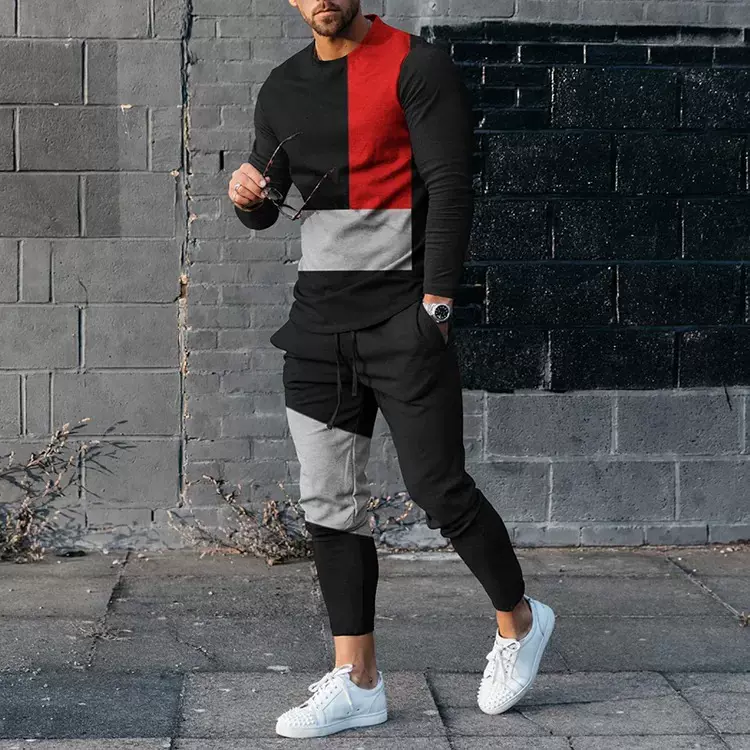 2023春季新品EBAY速卖通亚马逊男装运动休闲套装3D印花圆领卫衣裤