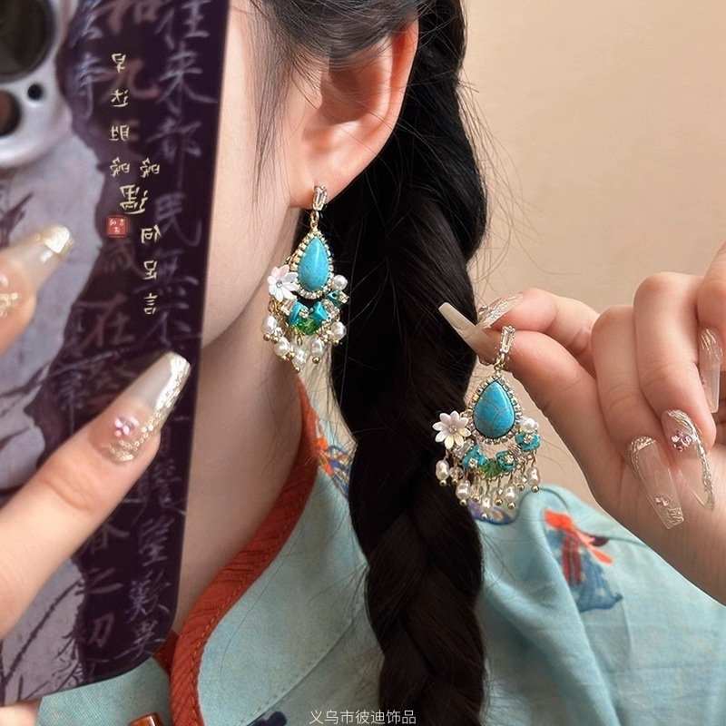 复古花朵纹路贝壳流苏串珠耳环民族风时尚百搭耳钩设计感小众耳饰|undefined
