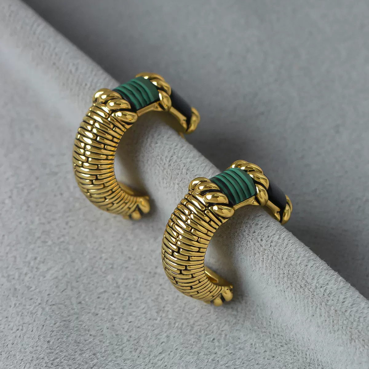 原创中古祖母绿耳环优化孔雀石点缀黑曜石个性小众黑女巫金环耳圈