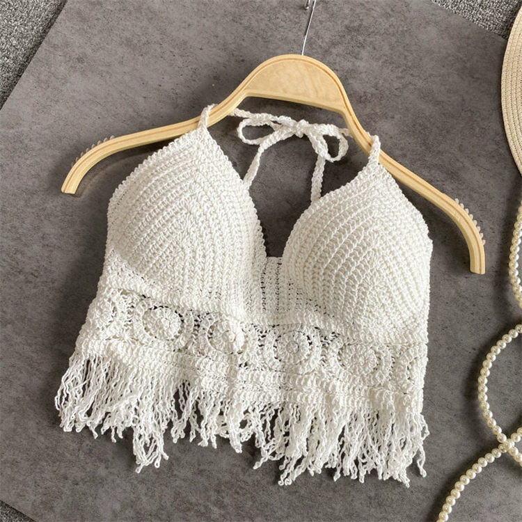 Bra top / knitted crop tank with cups and straps, backless, embroidered trim, one size