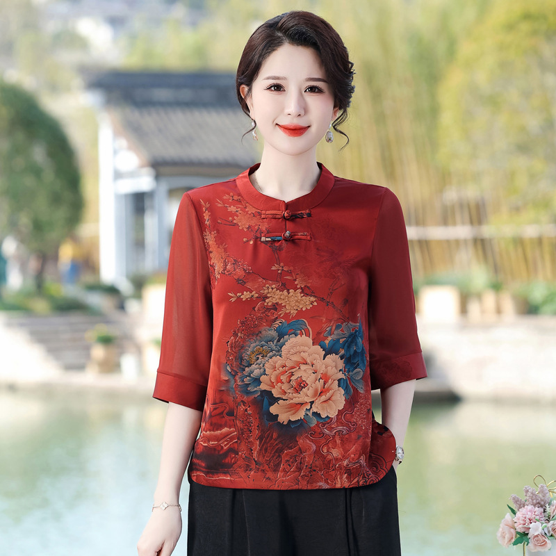 New Chinese-style button-down blouse, elegant floral thin top for middle-aged and elderly women, plus-size mother's mid-sleeve elegant shirt, cross-border shipping New Chinese-style button-down blouse, elegant floral thin top for middle-aged and elderly women, plus-size mother's mid-sleeve elegant shirt, cross-border shipping