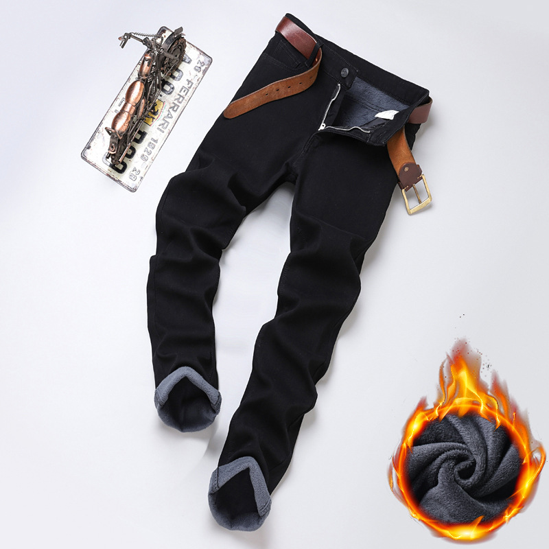 Herrenbekleidung Schwarze Jeans Plus Samt Dicke Slim Fit Jugendhose Winter Warme Hose_voghion.com