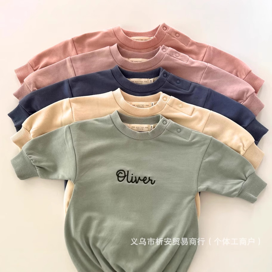 跨境刺绣个性长袖婴儿爬服a类多色毛圈包屁衣卫衣纯色宝宝连体衣