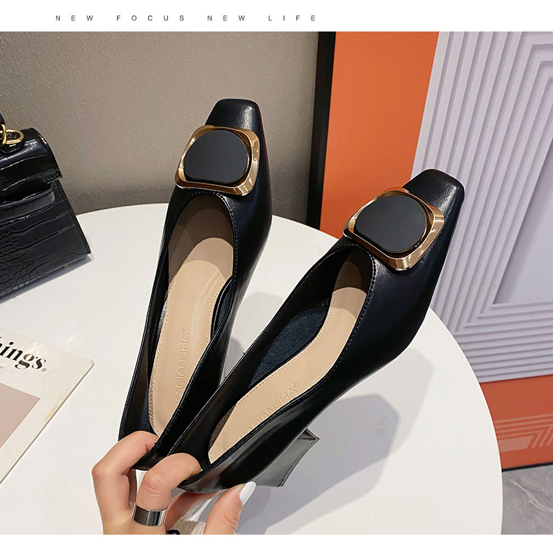 Women's Square Toe Mid-heel Loafers In Real Cowhide Leather_voghion.com