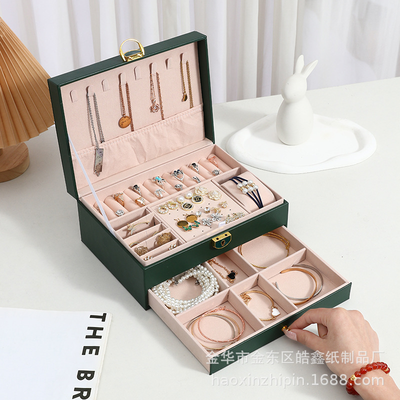 Nueva caja de joyería de doble capa hogar simple caja de almacenamiento de joyería con cerradura portátil de gran capacidad caja de embalaje de joyería al por mayor