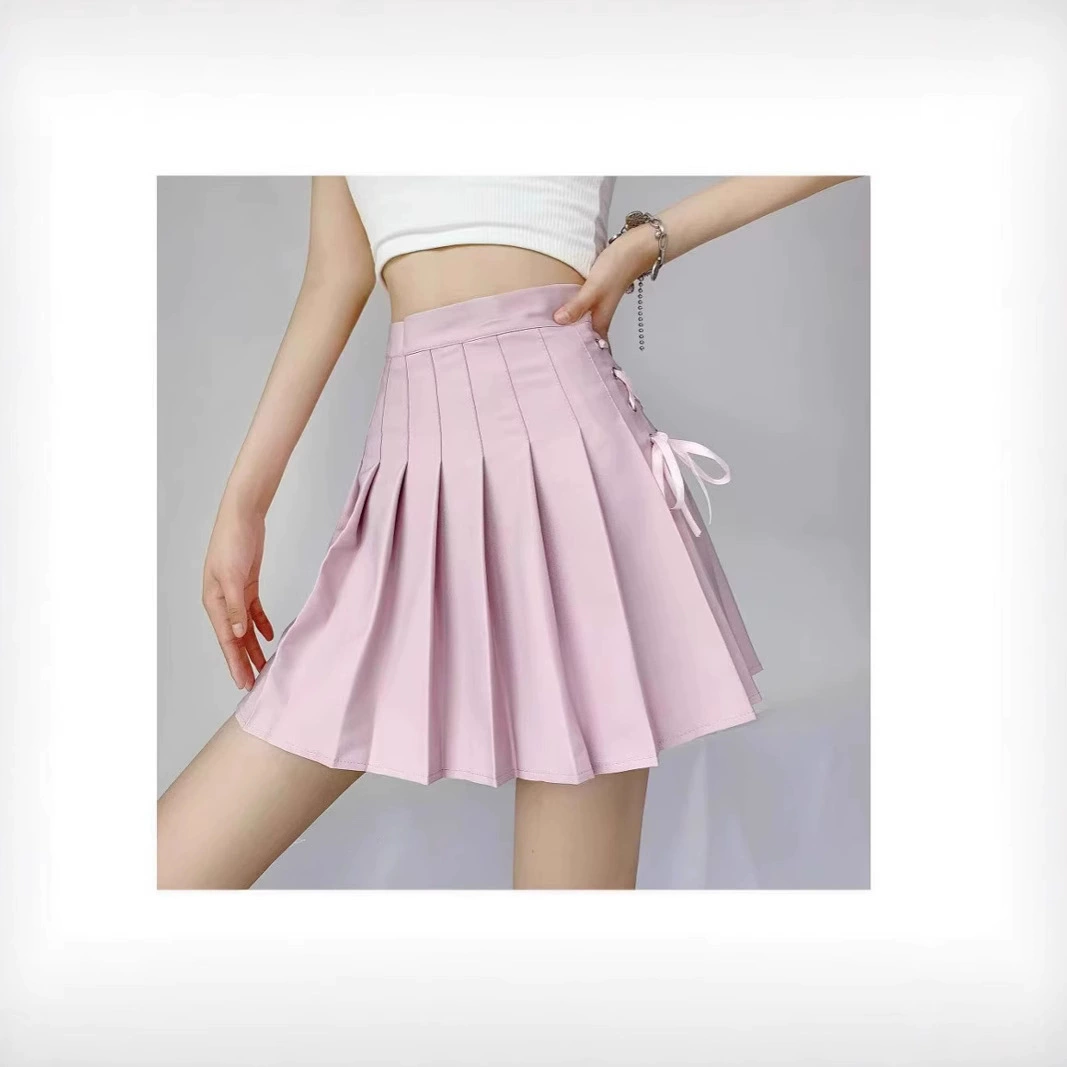 Summer pleated skirt, belt, protective underware, Korean style, high waist, A-line