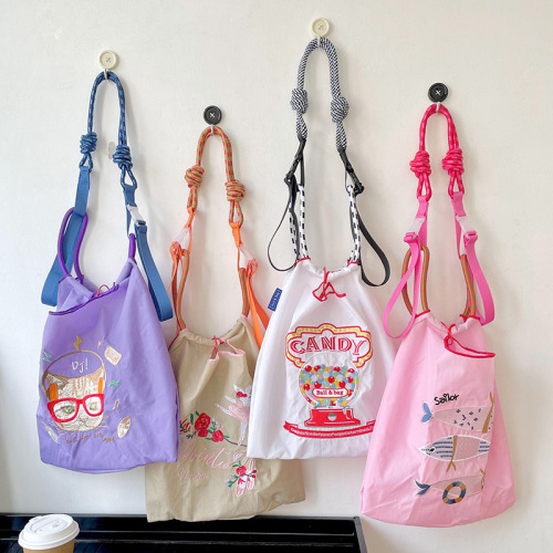 Adjustable niche design eco-friendly shopping bag, nylon fabric embroidered floral hand-held canvas extended shoulder strap crossbody strap