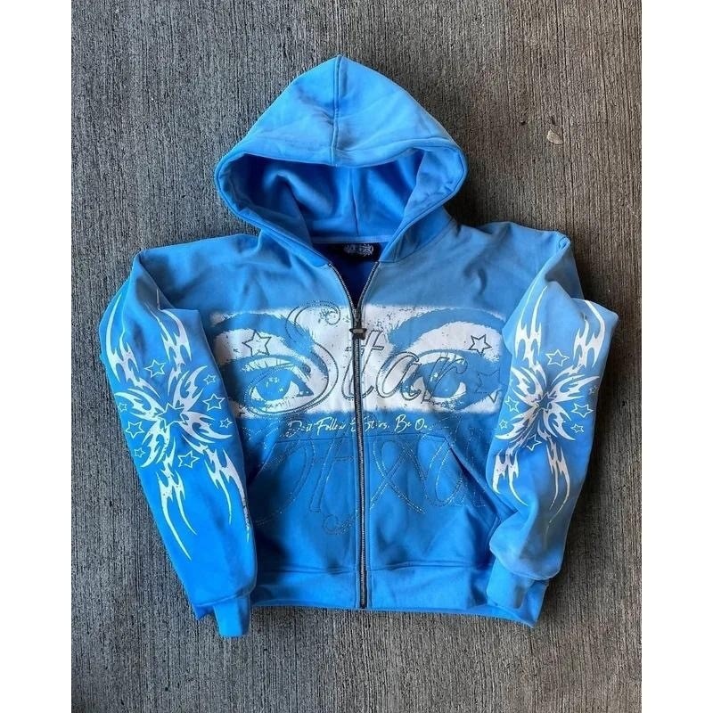 Qara-ağ çap olunmuş zip sviter jaket, Y2K retro üslub