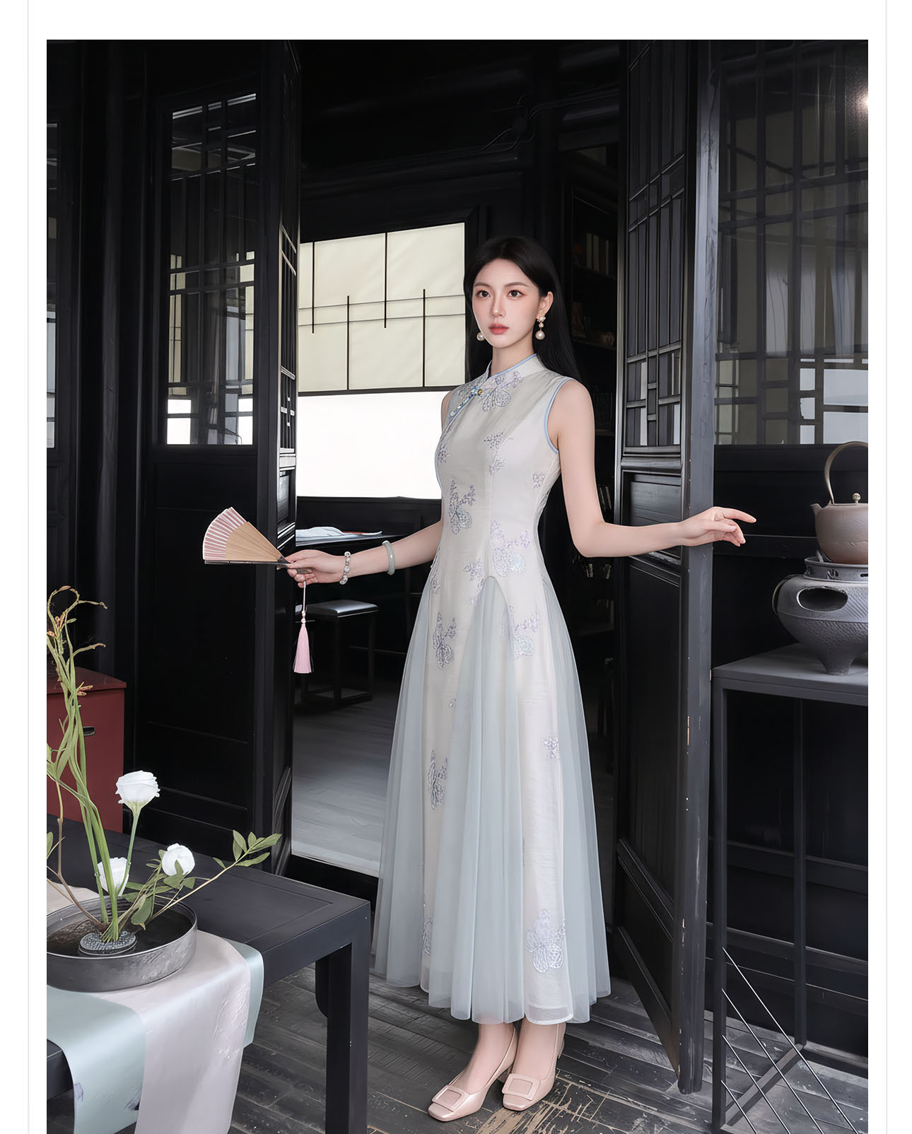 Đầm maxi nữ thắt eo kiểu sườn xám cách tân không tay dáng dài — màu xanh nhạt chi tiết 6