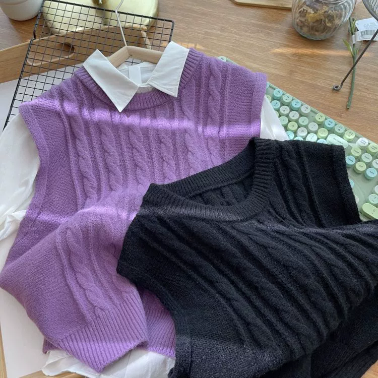 OOTD Осень Новый корейский стиль ретро ленивый стиль сплошной цвет твист круглый вырез пуловер без рукавов вязаный жилет для женщин