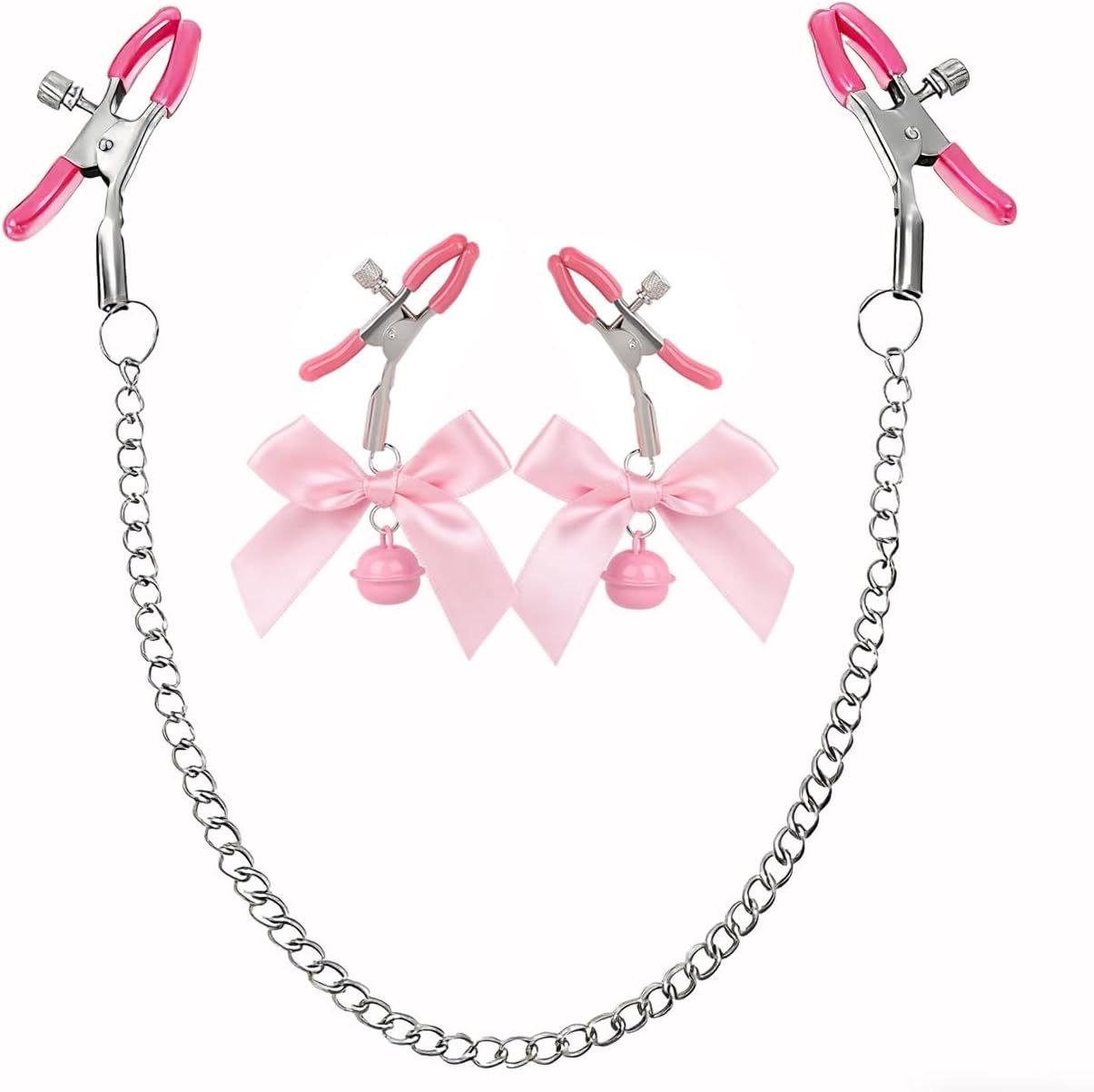 SM Nipple Clamps with Double Bells, Metal Breast Ornament Pair, Black Couple’s Intimate Play Accessory — detail image 3