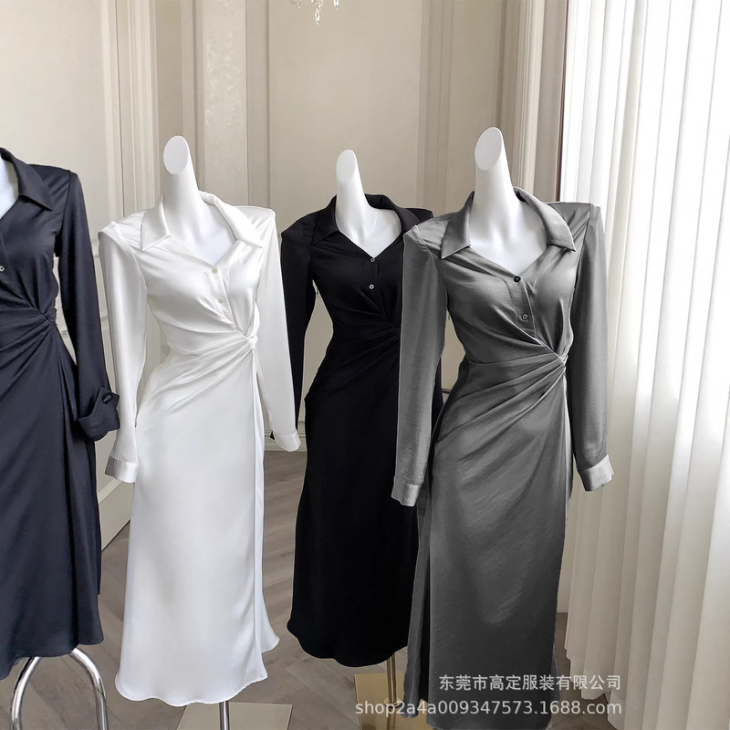 High-End Acetate Satin Design V-Neck Shirt Dress with a Stylish Pleated Waist and Slimming Fishtail Skirt for Women High-End Acetate Satin Design V-Neck Shirt Dress with a Stylish Pleated Waist and Slimming Fishtail Skirt for Women