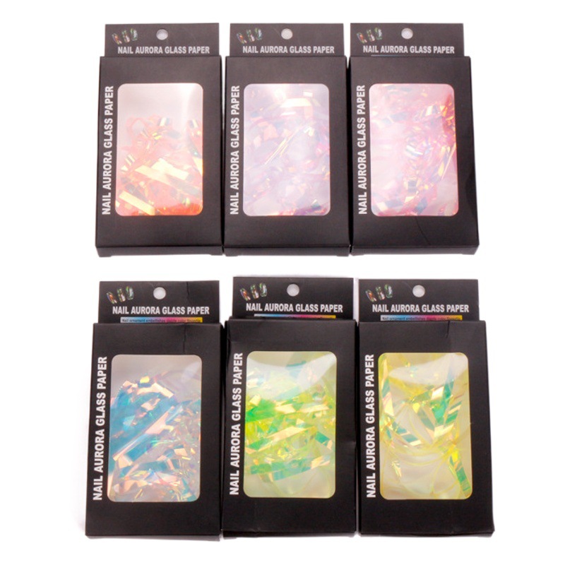 Celebridad de Internet nueva uña Aurora Ice Cube celofán decoraciones de uñas en Caja Láser Color mágico lentejuelas pegatinas de vidrio