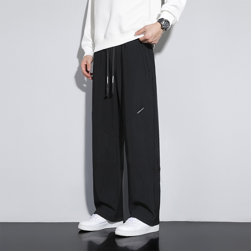 Plus Size Men's Ice Silk Loose Straight Casual Sports Pants, Extra Large Drape High Waist for Big Men, Spring and Autumn Long Pants