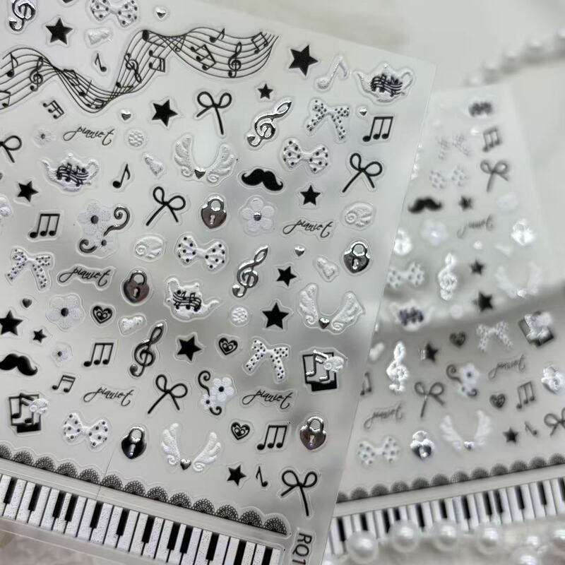 Popular Sweet and Cool Piano Black and White Note Embossed Nail Art Stickers Lace Bow Pure Desire DIY Nail Decoration Stickers Popular Sweet and Cool Piano Black and White Note Embossed Nail Art Stickers Lace Bow Pure Desire DIY Nail Decoration Stickers