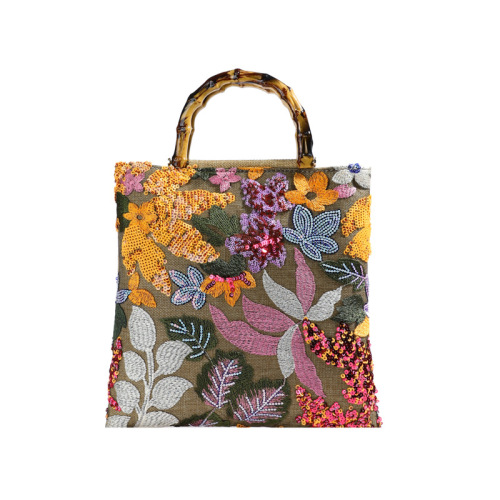 Elegant Bamboo-Node Handbag with Colorful Sparkling Beads, Retro Women's Shoulder Bag, Heavy Work Embroidery Trendy Evening Purse