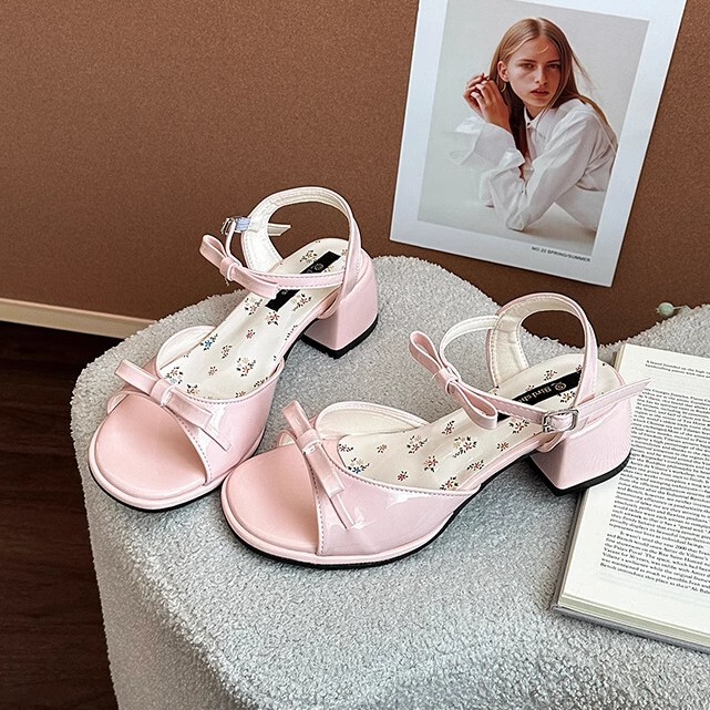 Fairy-Style French Bowknot Chunky Heel Sandals for Women, 2026 Summer New Model, Suitable for Pairing with Dresses, High-Heeled Niche Fashion Shoes, Slippers