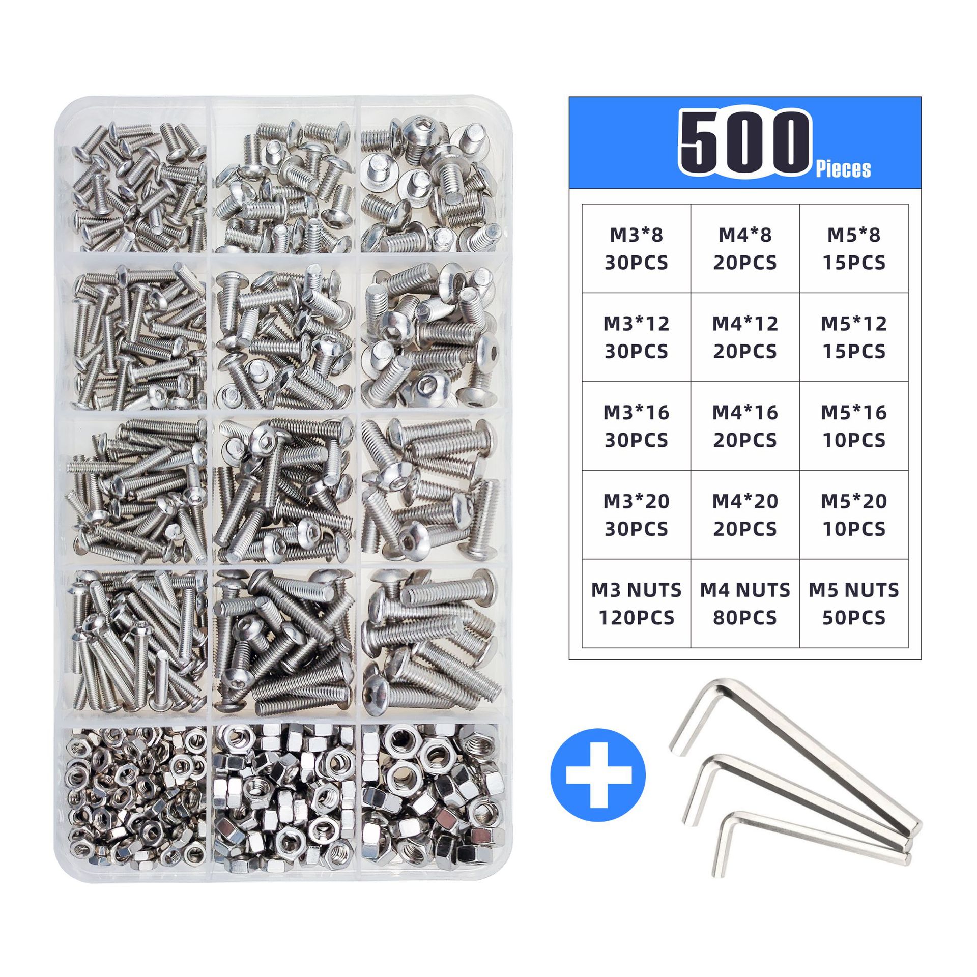 500pcs Stainless steel 304 Round Pan head Inner six angle Screw bolt screw Nut box-packed suit M3M4M5