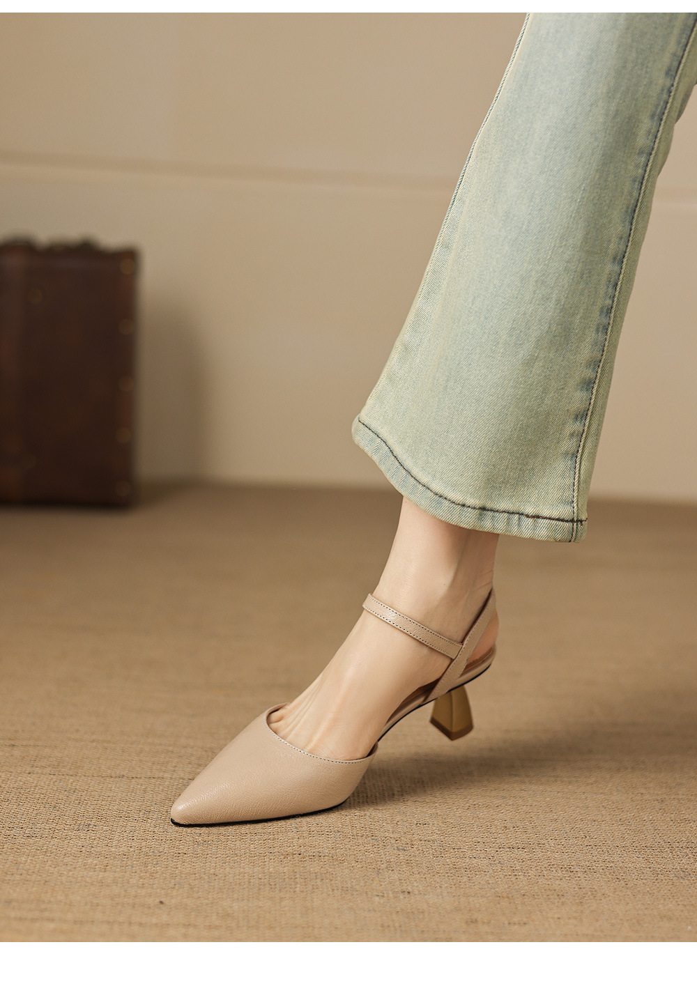 Sandal cao gót nữ mũi nhọn quai ngang da cừu bọc mũi — màu trắng ngà chi tiết 19