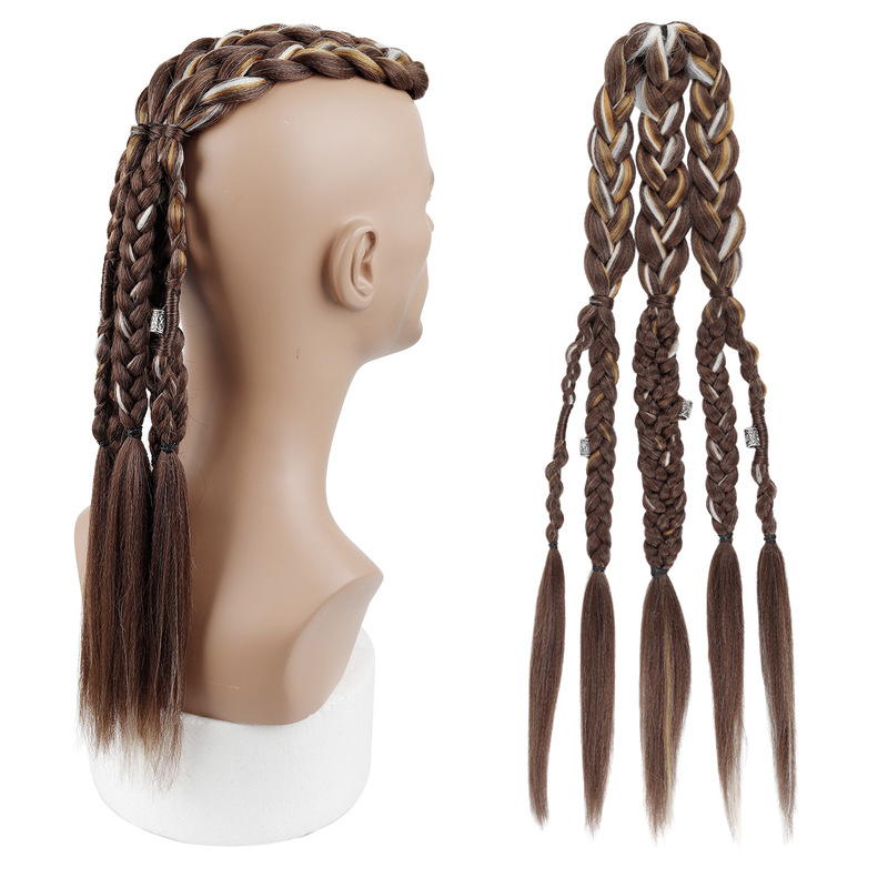 Cross-border foreign trade men's wig braids 24inch handmade clip-on Viking braided ponytails wholesale