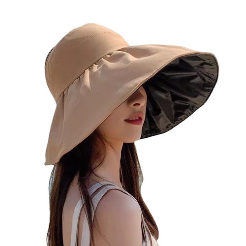 新款黑胶空顶渔夫帽子女夏天大檐户外透气遮阳帽可折叠防晒帽批发