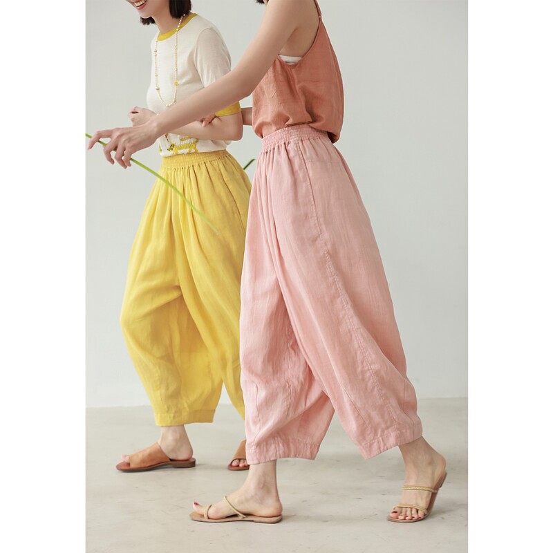Summer New Fine 100-Count Ramie Cool Casual Double-Layer Slimming Yellow Elastic Waist Lantern Pants
